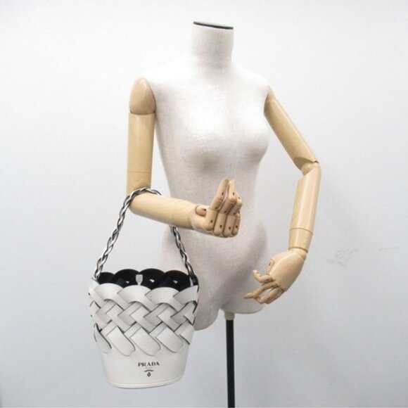 Prada All Leather Bucket Woven Braided Shoulder Tote with Pouch COA - Picture 1 of 13